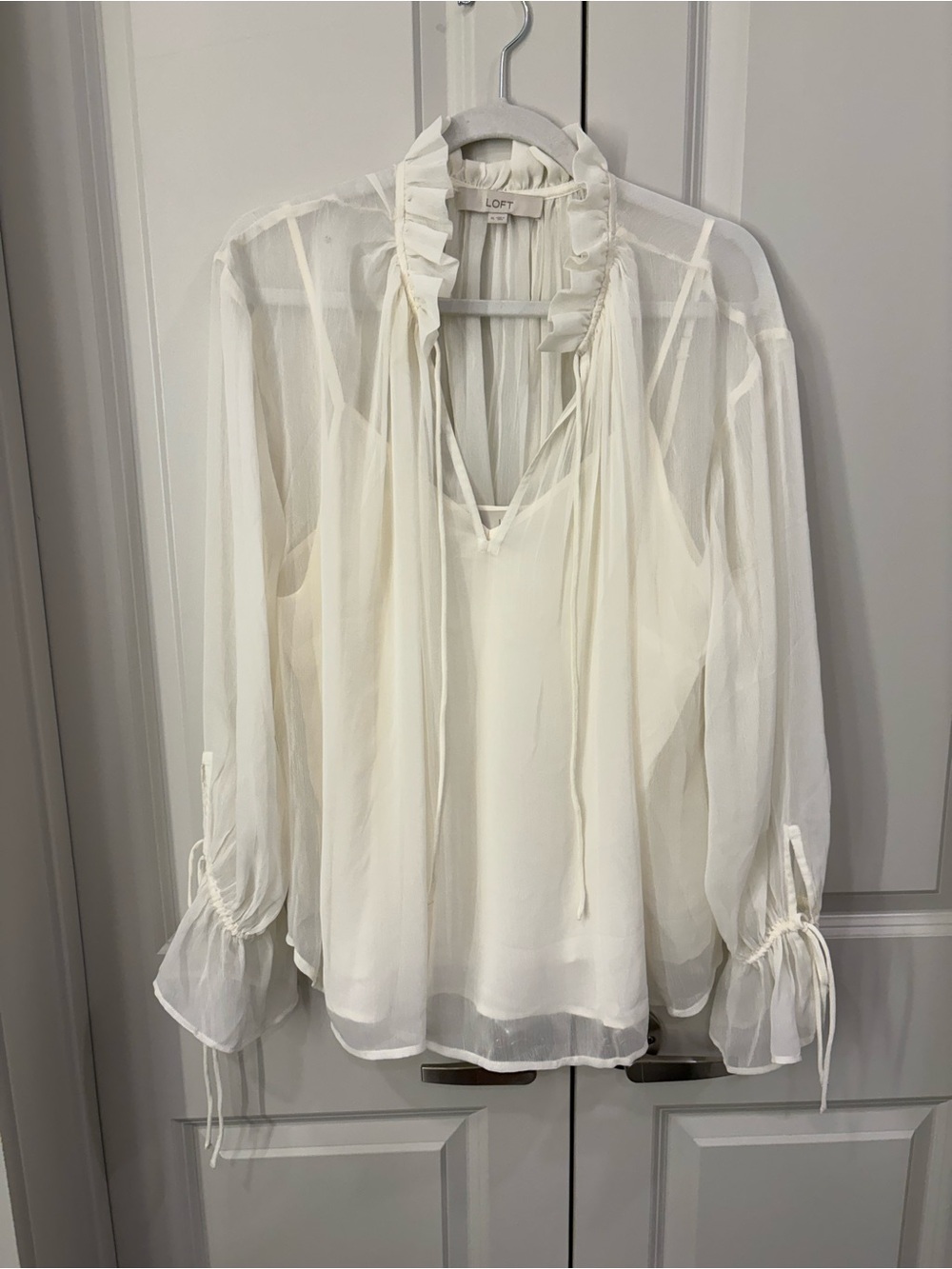 LOFT Ivory Ruffle Tie-Neck Sheer Blouse